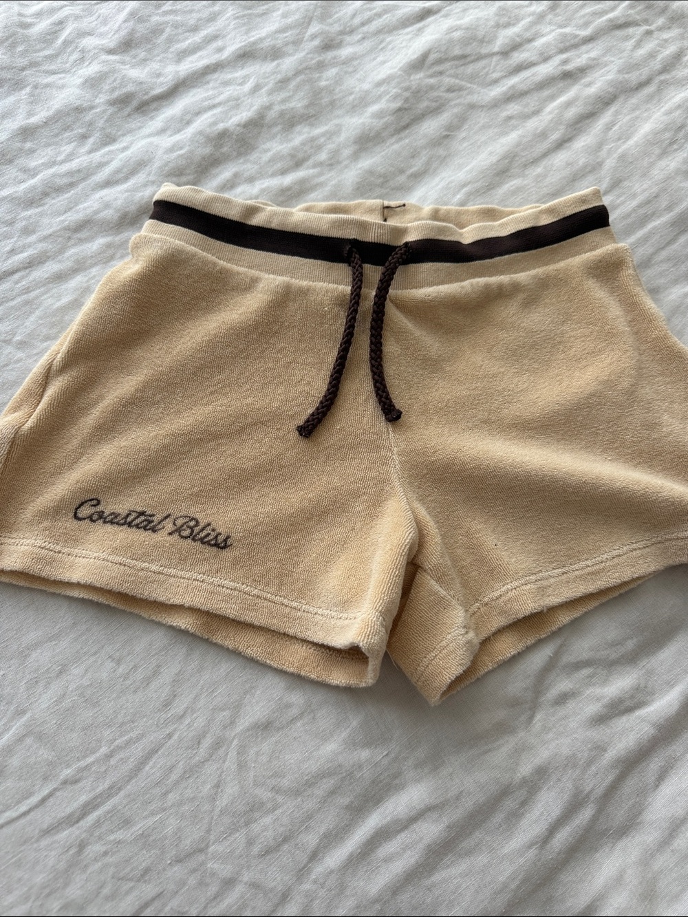 Zara Cream Athletic Terry Shorts with Dark Brown Waistband